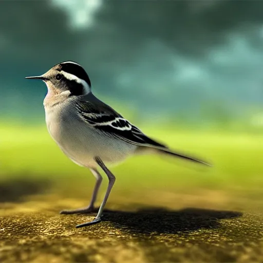 Image similar to closeup of a wagtail bird in avila, lavandera, river edge, green fields, summer season, 4 k, midday light, concept art, by wlop, ilya kuvshinov, artgerm, krenz cushart, greg rutkowski, pixiv. cinematic dramatic atmosphere, sharp focus, volumetric lighting, cinematic lighting, studio quality