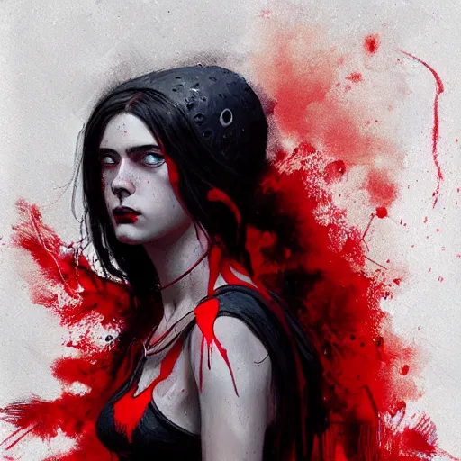 Image similar to goth girl covered in red paint, intricate, art by greg rutkowski, high detailed, 4 k,
