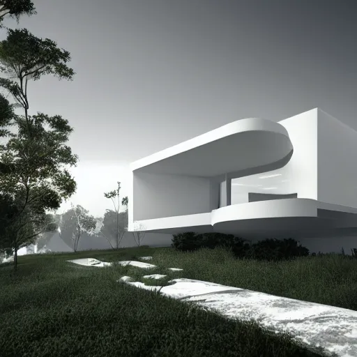 Image similar to minimalist architecture white with nature in back, cinematic lighting, 3 d, unreal engine