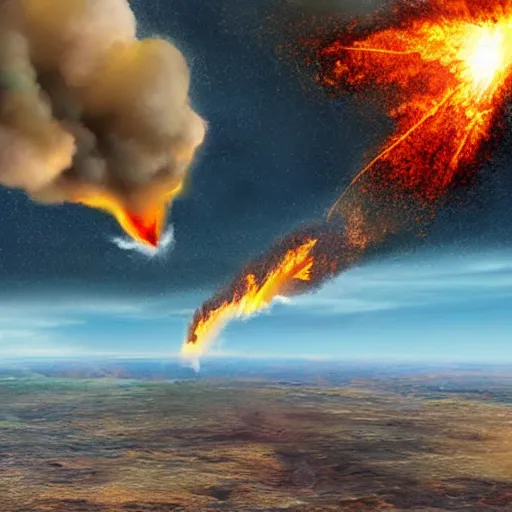 Prompt: fiery meteorite crashing into an active volcano, artist's impression