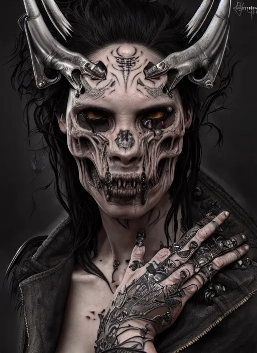 Image similar to ultra realistic, male human predator, goth, tattoos, leather, fantasy, flesh, bone, body horror, intricate details, eerie, highly detailed, octane render, 8 k, art by artgerm and alphonse mucha and greg rutkowski