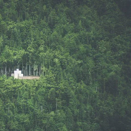 Image similar to sci fi nuclear containment buildings in a steep sided valley with trees, a sense of hope and optimism, birds overhead, stark light, day time, unsplash, national geographic, hd, high res