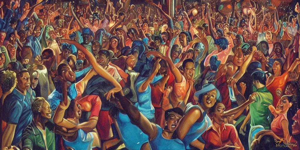 Image similar to a crowd of people dancing underneath a disco ball, painting by ernie barnes, super - detailed, a lot of tiny details, fullshot