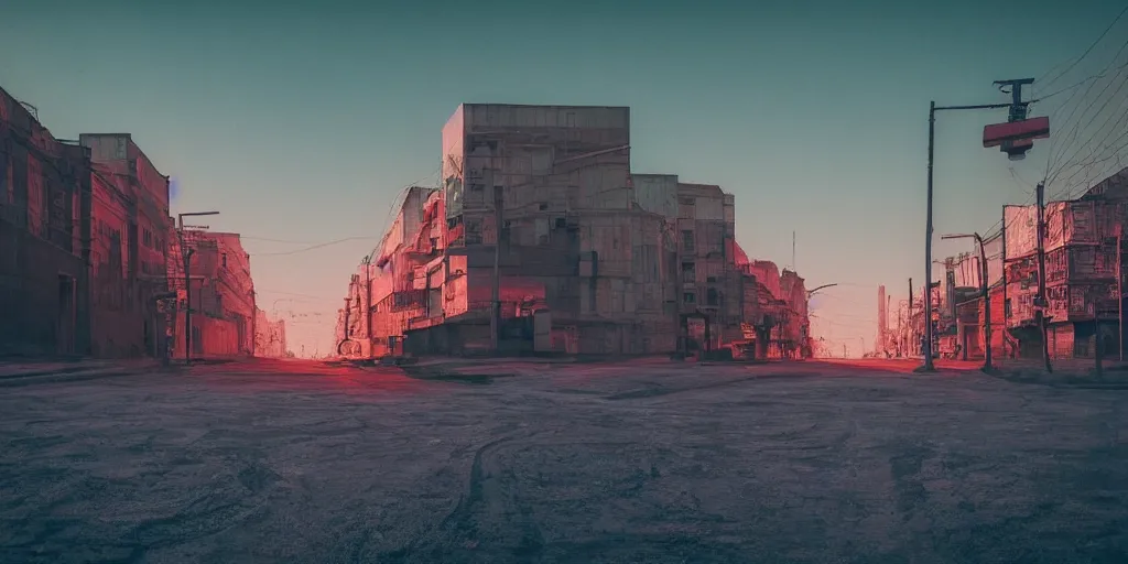 Image similar to photo of city street neon on mars, norilsk city, telephoto, anamorphic cinematography, beautiful composition, color theory, leading lines, photorealistic, moody volumetric lighting