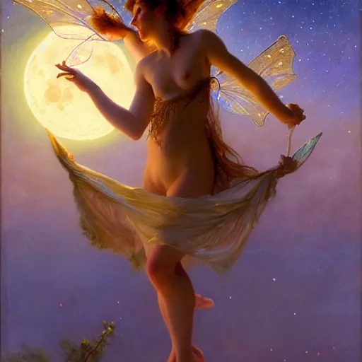 Image similar to attractive fairy magically floating high in the night, fantasy, full moon in background. highly detailed painting by gaston bussiere, craig mullins, j. c. leyendecker, sharp focus, 8 k