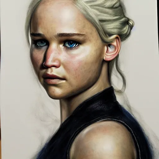 Image similar to portrait of the daughter of daenerys targaryen and jennifer lawrence as a young woman, hyperdetailed, hyperrealism.