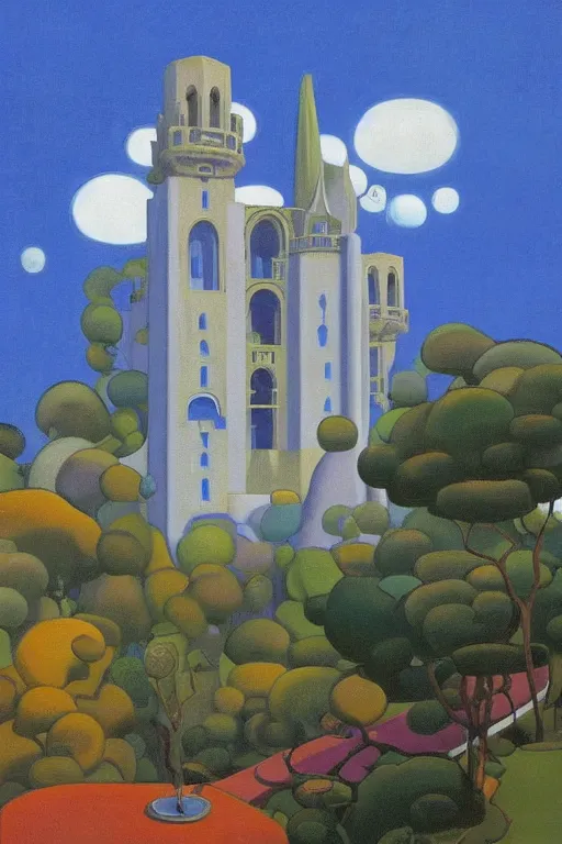 Image similar to view of the mysterious blue tower in its gardens after a storm, tall windows, beautiful moorish ornament, dramatic cinematic lighting, rich colors, by Nicholas Roerich and Sylvain Sarrailh and Ludwig Deutsch and April Gornik