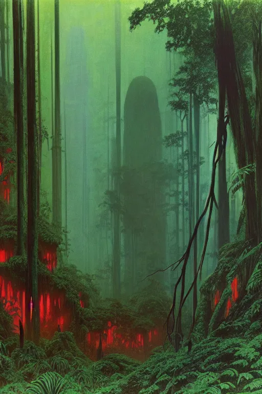 Image similar to emissary green endor jungle ( designated : ix 3 2 4 4 - a ) with small hooded figures with red eyes by arthur haas and bruce pennington and john schoenherr, cinematic matte painting, 8 k, dark color palate