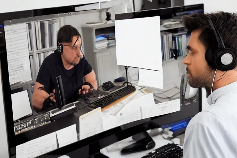 Prompt: a man at his computer wearing earbuds, a symphony orchestra on the screen