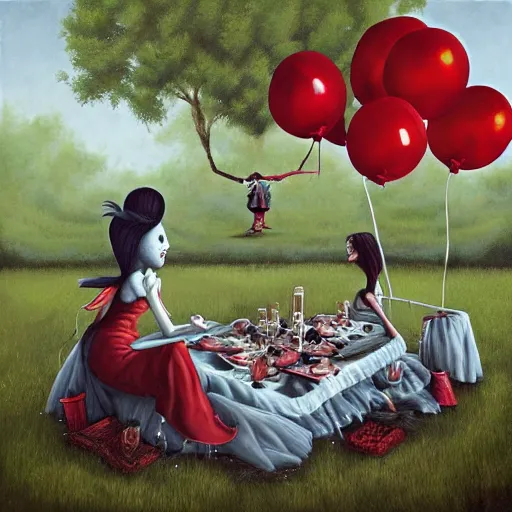 Image similar to grunge painting of a picnic with a wide smile and a red balloon by chris leib, loony toons style, pennywise style, corpse bride style, horror theme, detailed, elegant, intricate, conceptual, volumetric light