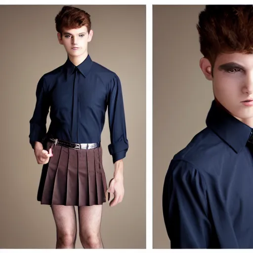 Image similar to A young pretty male model showcasing a very cute pleated miniskirt and blouse. Studio lighting