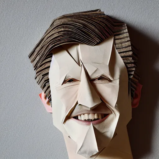 Image similar to an origami portrait of a caucasian man with wavey short hair, made from paper, friedly smile, raised eyebrows, great composition, ambient light