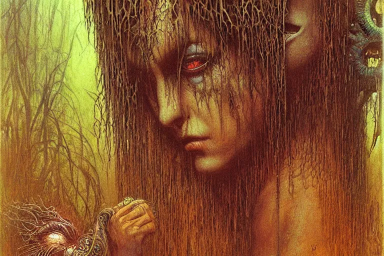 Image similar to cute yanomami female with short hairs in lovecraftian jungles by jean delville by luis royo and wayne barlowe, beksinski