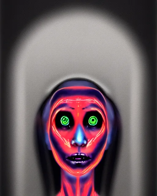 Prompt: scary portrait of a female robot with glowing eyes, similar to the scream drawing by Edvard Munch