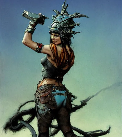 Image similar to mighty princess of the wasteland, scrap metal headdress, strong line, deep color, cloudy sky, beautiful! coherent! by brom, by frank frazetta, low angle