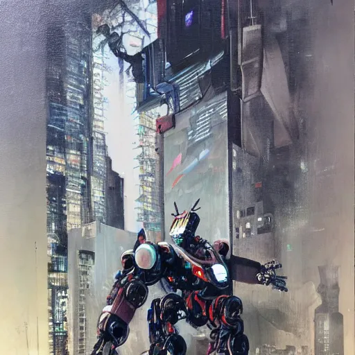 Image similar to a full-metal neon robot sobs when seeing the devastation of cyberpunk Santiago of Chile, oil on canvas by Yoji Shinkawa and Dave McKean