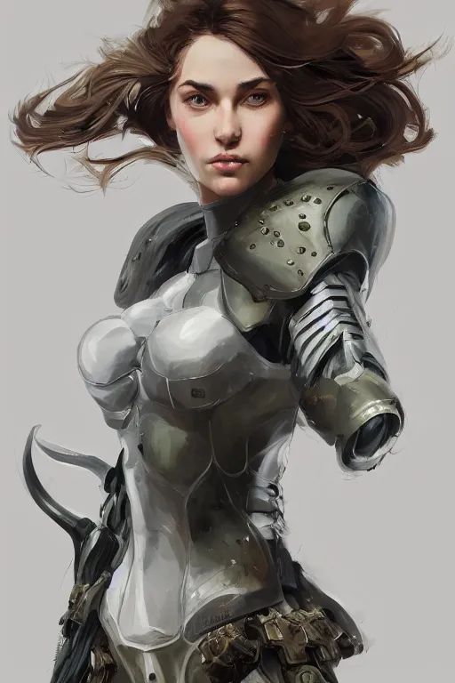 Image similar to a professionally painted portrait of an attractive young woman, clothed in military armor, olive skin, long dark hair, beautiful bone structure, symmetrical facial features, intricate, elegant, digital painting, trending on Artstation, concept art, smooth, sharp focus, illustration, from Metal Gear by Ruan Jia and Mandy Jurgens and Artgerm and William-Adolphe Bouguerea, award winning