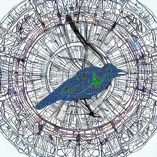 Prompt: a mechanical bird wren in the matrix contemplating the data science wired mandala, illustration by moebius and yoji shinkawa