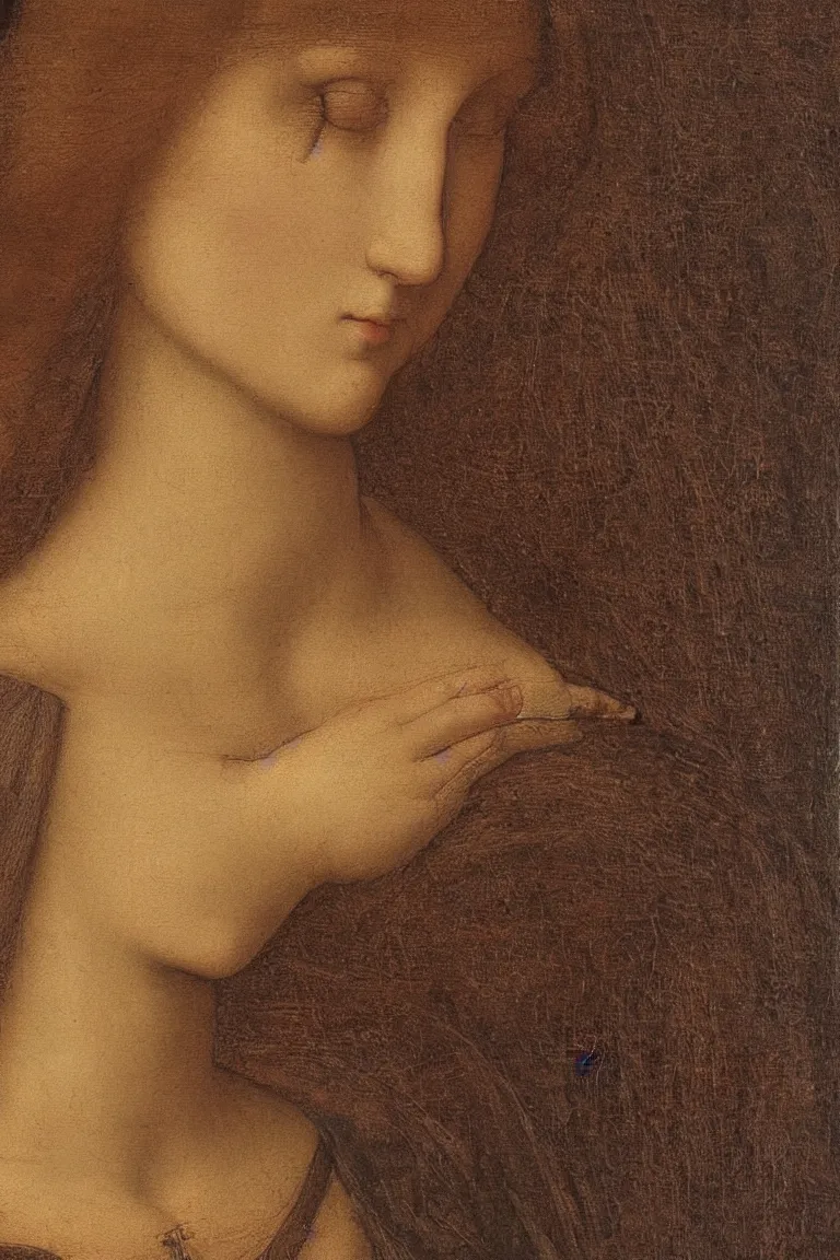 Image similar to a close up of a painting of a woman, a painting by leonardo da vinci, featured on deviantart, pre - raphaelitism, da vinci, fine art, pre - raphaelite