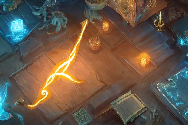 Image similar to A skilled sorcerer in their study, drawing glowing magic runic symbols in the air, enchanting objects with glyph magic, D&D fantasy setting, 4k