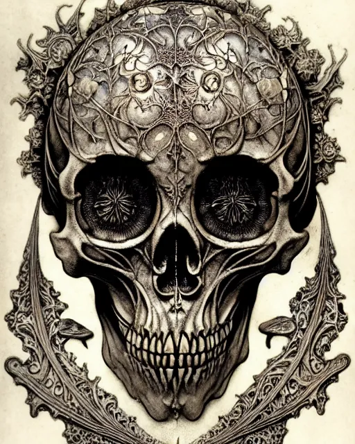 Image similar to memento mori by arthur rackham, art forms of nature by ernst haeckel, exquisitely detailed, art nouveau, gothic, ornately carved beautiful skull dominant, intricately carved antique bone, art nouveau botanicals, ornamental bone carvings, art forms of nature by ernst haeckel, horizontal symmetry, arthur rackham, ernst haeckel, symbolist, visionary