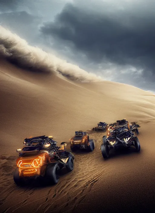 Image similar to 3 speeding quads on a dune in the desert in front of a huge stormcloud made of electric waste on the horizont , dust in the air, dark sun, concept art, dystopic, unreal, cineastic