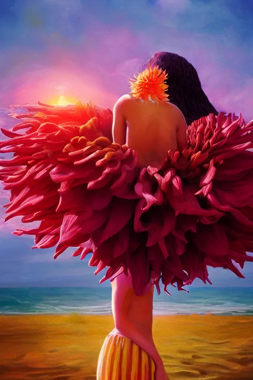 Image similar to closeup giant dahlia flower head, girl standing on beach, surreal photography, blue sky, sunrise, dramatic light, impressionist painting, digital painting, artstation, simon stalenhag