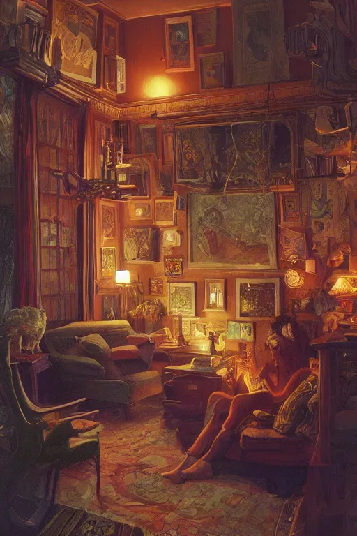 Prompt: a living room at home by, tim hildebrandt, wayne barlowe, bruce pennington, trending on artstation, cinematic composition, beautiful lighting, hyper detailed to the very last detail, 8 k, oil on canvas
