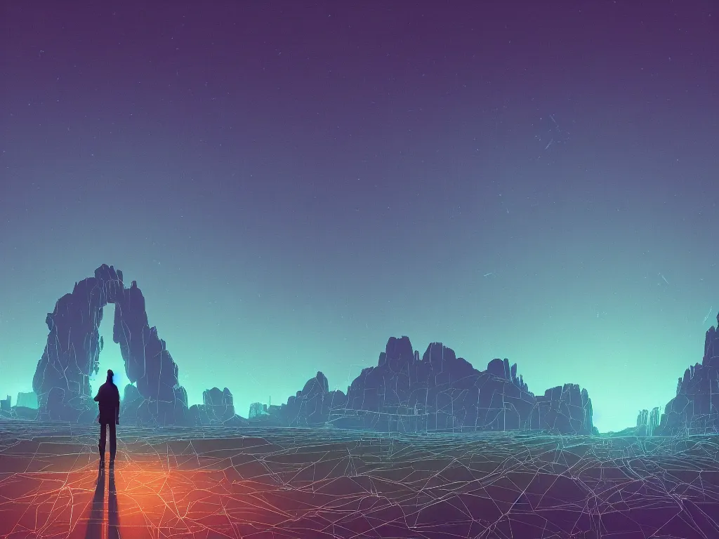 Image similar to synthwave landscape of a traveler walking towards a distant castle , cyberspace, grid, virtual, night, wireframe, by John Smith, by Alena Aenami, by Greg Rutkowski, wide angle, highly detailed, cinematic, Blue and Green color scheme