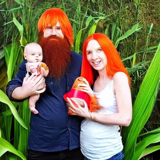 Image similar to photo of a slender attractive couple. The woman has long straight red orange hair. The man has a dark thick neatly groomed beard and tattoos. They are holding a giant corn and a cute baby.