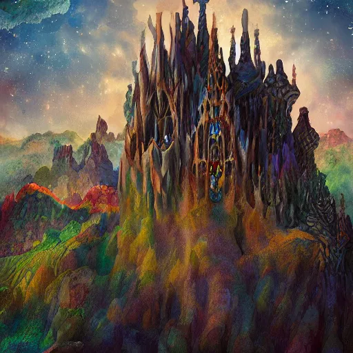 Prompt: cosmic palace sitting on a mountain in the sky by Antoni gaudi, digital painting, high resolution, artstation, cgrender, award-winning