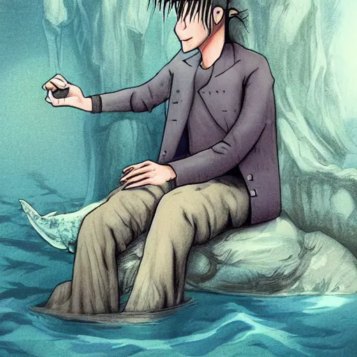 Image similar to handsome frankenstein in the lake, soft shading, fantasy illustration, gentle monster, beautiful monster