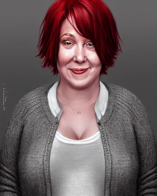 Image similar to portrait of happy short and plump 5 0 - year - old woman with red hair and, kind face, round face, short hair, wearing in cardigan, hyper realistic face, beautiful eyes, character art, art by mark brooks, hyperdetailed, cryengine, trending on artstation, digital art
