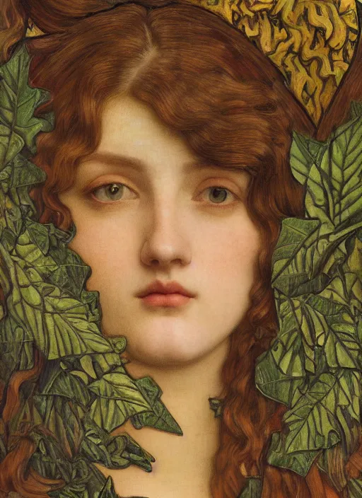 Prompt: masterpiece beautiful seductive flowing curves preraphaelite face portrait amongst leaves, extreme close up shot, straight bangs, thick set features, yellow ochre ornate medieval dress, laying amongst foliage mushroom forest circle arch, frederic leighton and kilian eng and rosetti and preraphaelites, william morris, 4 k