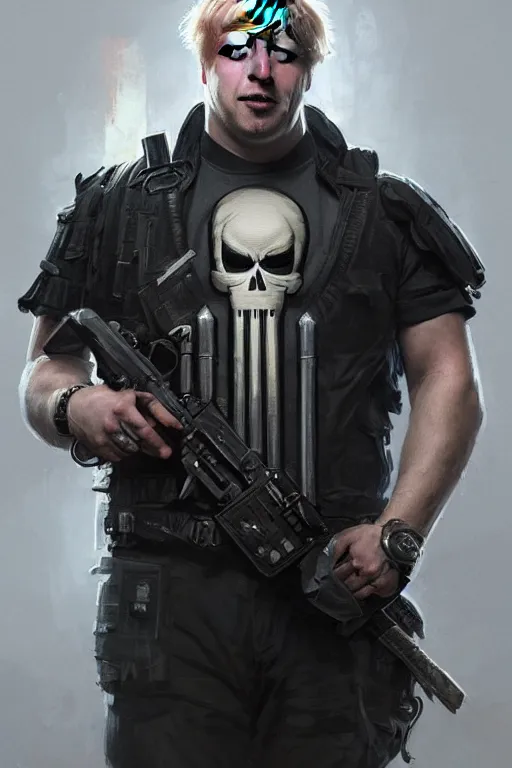 Prompt: Boris Johnson as Punisher, realitic portrait, skull image on the vest, highly detailed, digital painting, artstation, concept art, smooth lines, sharp focus, illustration, cinematic lighting, art by artgerm and greg rutkowski and alphonse mucha