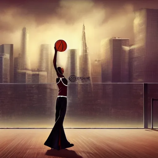 Prompt: tall woman playing basketball, city in background, moody atmosphere, digital art, highly detailed, high contrast, beautiful lighting, award winning, trending on art station, photorealistic, 8 k,