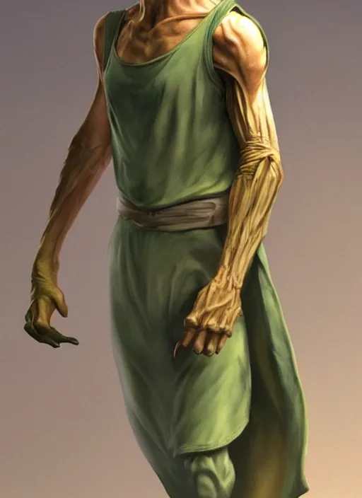 Image similar to full length photo of Yoda in a tanktop in the style of stefan kostic, full slim body, screaming. not realistic, sharp focus, 8k high definition, insanely detailed, intricate, elegant, art by stanley lau and artgerm