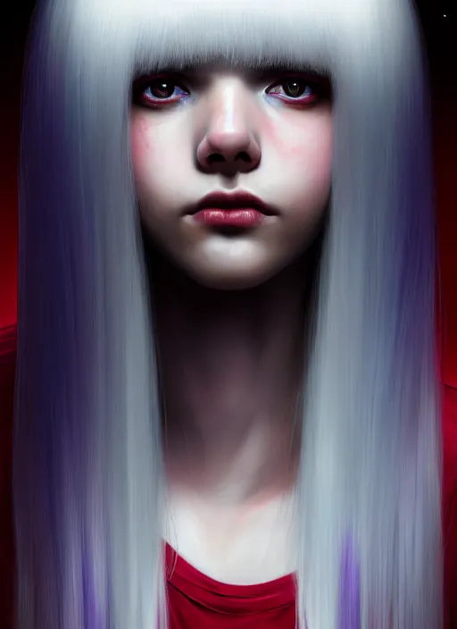 Image similar to hair whitebangs hair, black hair, whitebangs, portrait of teenage girl with white bangs, red irises, purple clothes, white bangs, bangs are different color from hair, intricate, elegant, glowing lights, highly detailed, digital painting, artstation, concept art, smooth, sharp focus, illustration, art by wlop, mars ravelo and greg rutkowski