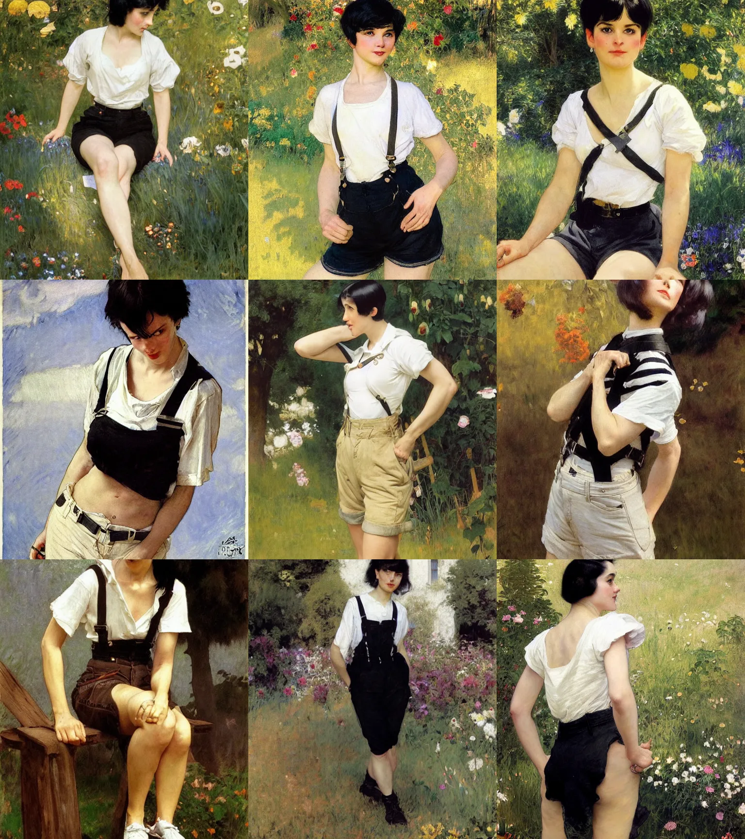 Prompt: a woman with black hair and long pixie haircut in shorts with suspenders and white t-shirt drawn by john singer sargent, norman rockwell, frank frazetta, maler collieri, peter paul rubens, alphonse mucha, gustav klimt 4k, unreal 5, DAZ, french noveau, trending on artstation, octane render, hyperrealistic