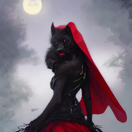 Image similar to Beautiful Portrait of Little Red Riding Hood with a black panther, intricate, wild, highly detailed, digital painting, artstation, concept art, smooth, sharp focus, illustration, art by artgerm and greg rutkowski and alphonse mucha, footage from space camera
