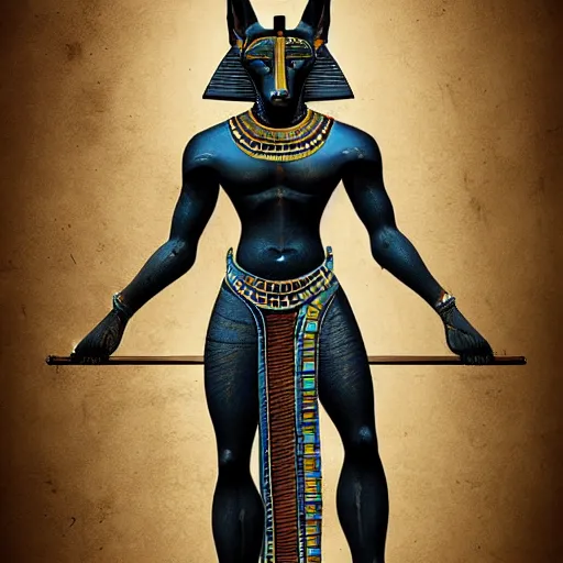 Prompt: Anubis, Egyptian background, very detailed, artstation, illustration, masterpiece, digital art, Furry Art