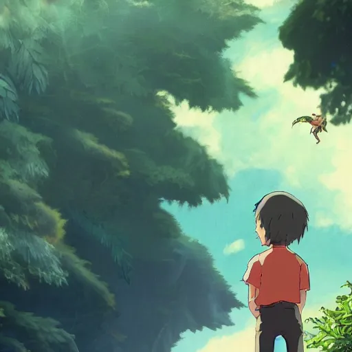 Prompt: friendly guy and small creature , with Fragile looking character portrait face made by Studio Ghibli highly detailed art, beautiful scene, sharp focus, smooth, 8k, anime art, wild, dark, fantasy