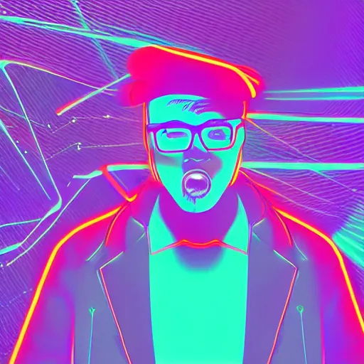 Prompt: handsome nerdy man raps into microphone, hip hop vaporwave, abstract background, neon, photo, detailed, 4k