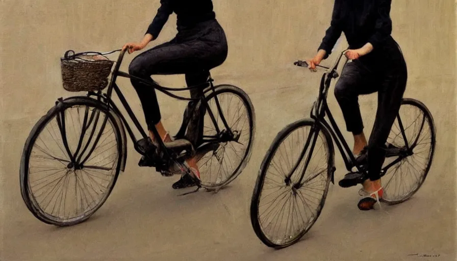 Prompt: painting by borremans, bella hadid riding a bike, detailed, stunning