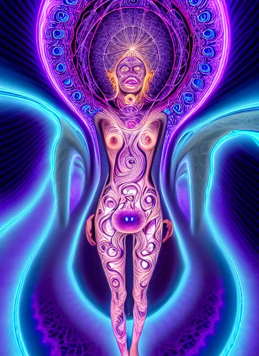 Prompt: absurdly beautiful female figure with beautiful human face, cervix awakening, portal, fractals swirling outward, glowing internal light, hyperdetailed, by alex grey, intricate linework, faberge, intricate linework, purple, deep blue, hot pink, dark atmosphere, unreal engine 5 highly rendered, global illumination, radiant light, detailed and intricate environment