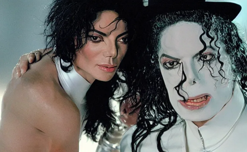 Prompt: michael jackson and lady gaga in trance sci - fi music video