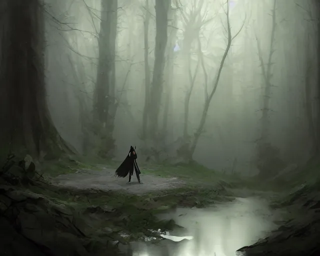 Image similar to a cloaked adventurer in foggy, ghostly woods. Dangerous, foggy, cloudy, mysterious, ominous, threatening, adventurous, ghostly. By Makoto Shinkai, Stanley Artgerm Lau, WLOP, Rossdraws, James Jean, Andrei Riabovitchev, Marc Simonetti, krenz cushart, Sakimichan, trending on ArtStation, digital art.