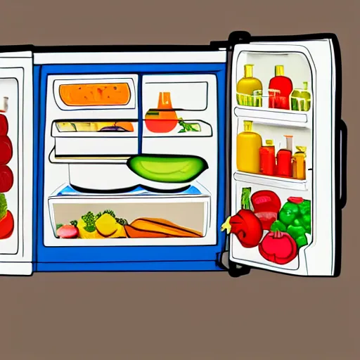 Image similar to cross - section illustration of a refrigerator interior stuffed with leftovers, highly detailed