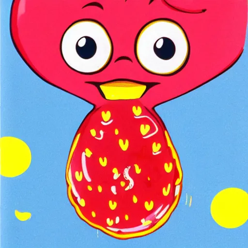 Image similar to a cartoon strawberry with big eyes, arms and legs, drooling, holding a bright yellow tooth brush, in the style of little golden books