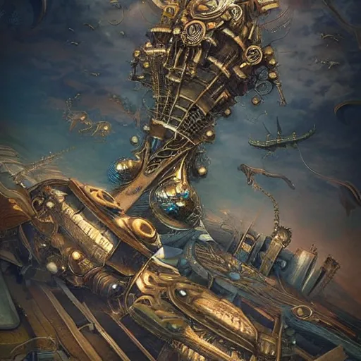 Image similar to flying city in a steel lotus, sky, steampunk!!!, fantasy art, steampunk, masterpiece, octane
